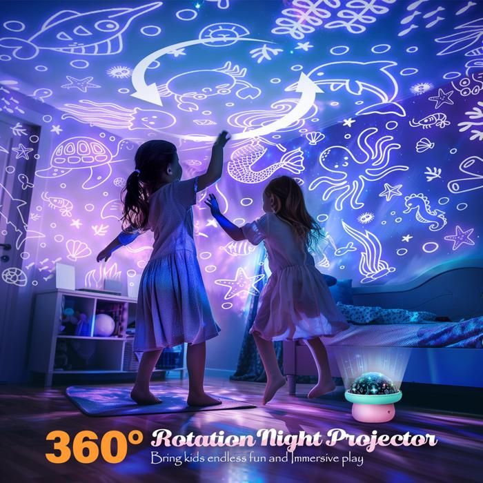 Veilleuse champignon pour enfant ATOPDREAM,Etoiles + licornes + sirènes interchangeables,Rotation à 360°,minuteur,Bleu