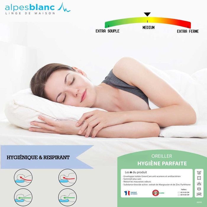 ALPES BLANC - Lot de 2 oreillers anti-acariens 45x70 cm Fabrication française - Triple action antibactérien/acariens/moisissures