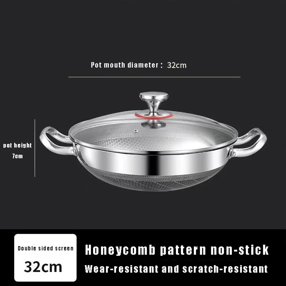 Casserole en acier inoxydable de 32 cm avec couvercle, double face antiadhésive à revêtement nid d'abeille, compatible avec les plaques à induction et à gaz.