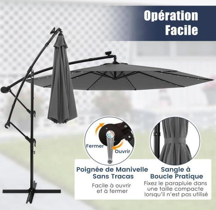Parasol de Jardin Extérieur - RELAX4LIFE - 3M - 40 Lumières LED - Réglage de l'Inclinaison et de la Manivelle - Pied en Croix -Gris