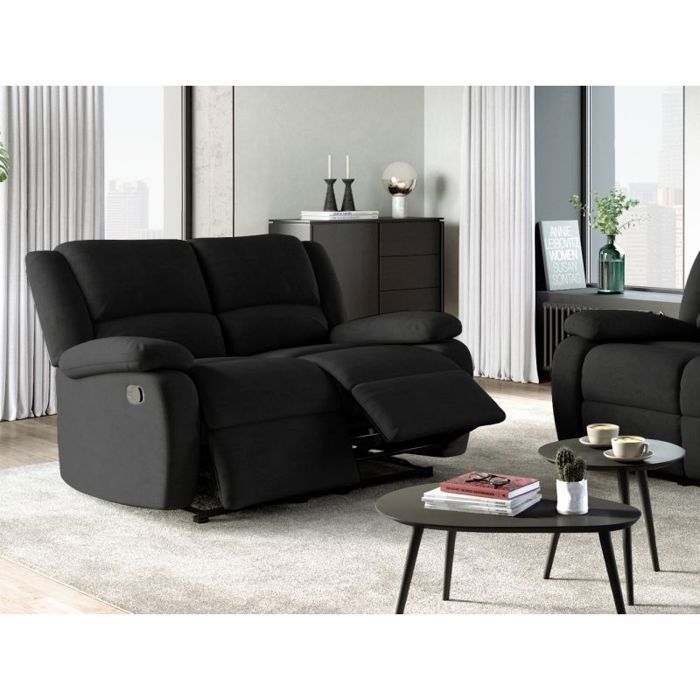 Sofá reclinável LEO de 2 lugares em microfibra - Preto - L143 x P93 x A96cm - LOUNGITUDE