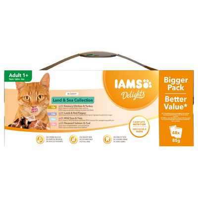 IAMS Delights Adult – Land & Sea Kollektion Mega-Packung 48 x 85 g