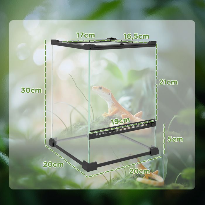 Terrarium en verre pour reptiles - PawHut - vivarium 12 L avec couvercle en treillis métallique - 20 x 20 x 30 cm - noir