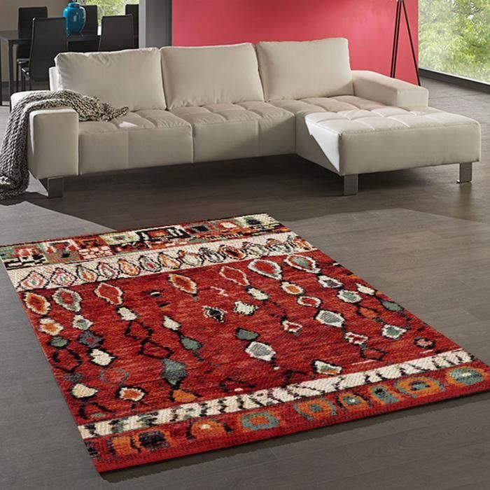 Tapis berbère 200x290 tissé motifs tribaux LYN8 MOROCO rouge