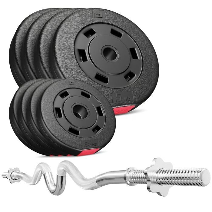 Hop-Sport 37kg halterset, Super Curl halterstang maat 120cm, gewichtsschijvenset (4x5kg, 4x2,5kg) voor krachttraining