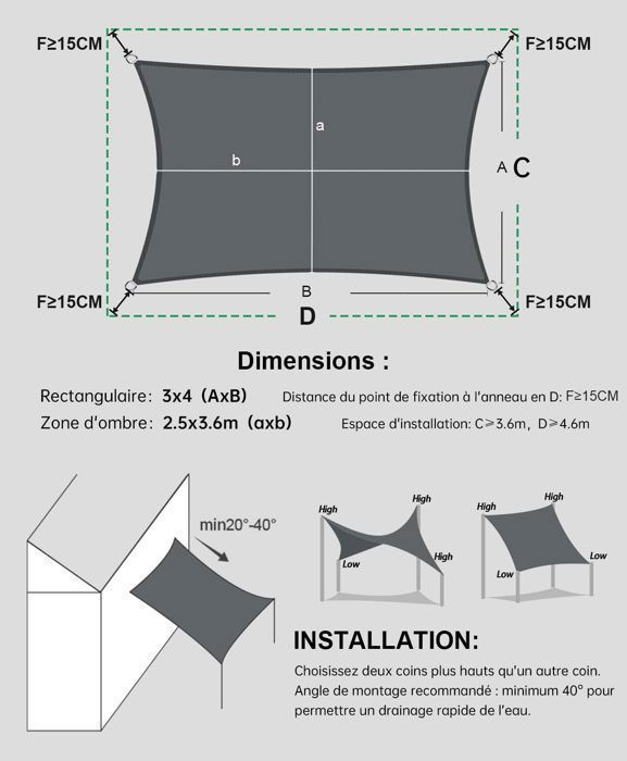 Toldo rectangular FOOTIER de 3 x 4 m, impermeable, con protección UV, ideal para jardín, terraza, patio o piscina.