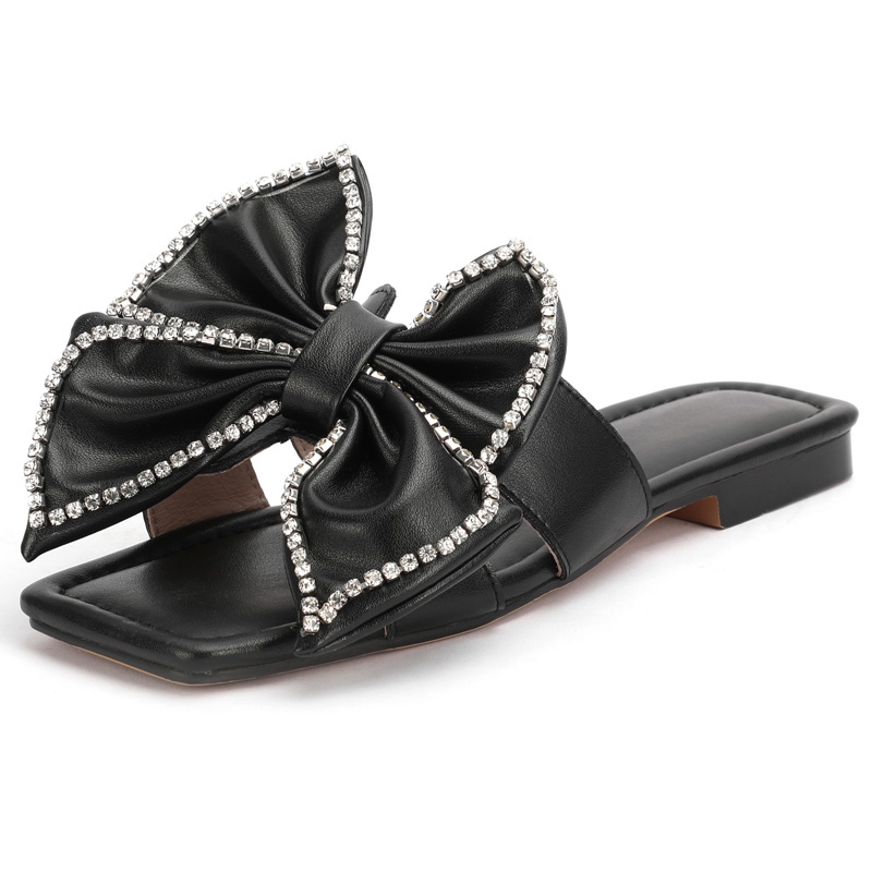 Rhineston Butterfly knot Genuine Leather Flat Sandals Women Summer Casual Shoes Sandales Femmes 2021 Sandalias Mujer Black