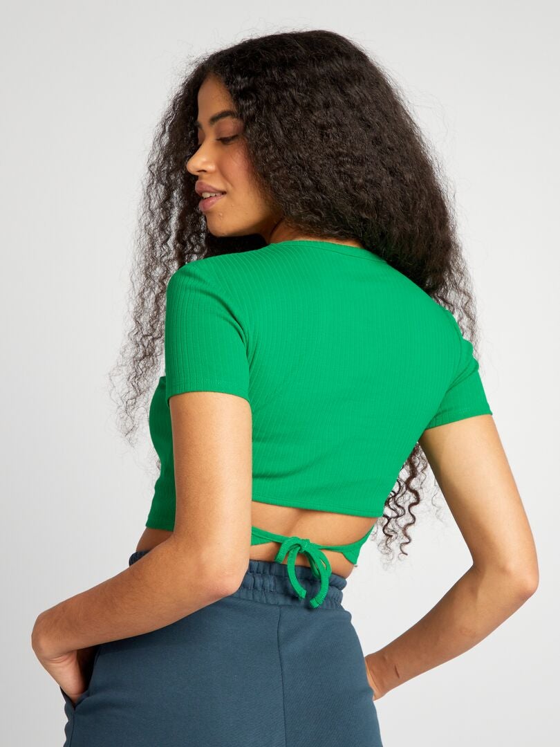 Geribbeld cropped T-shirt met trekkoordjes - GROEN