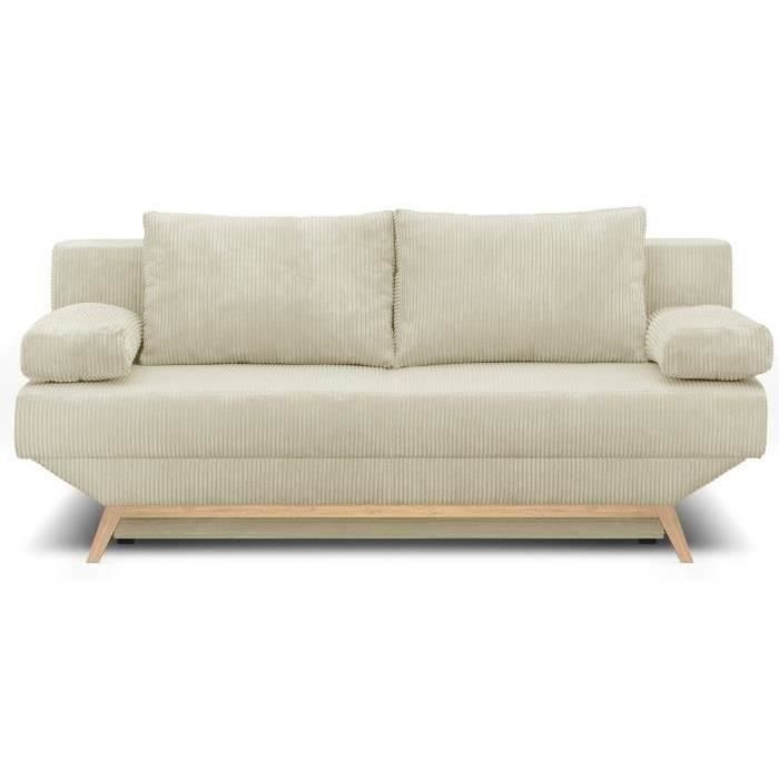 Sofá convertible de 3 plazas - Compartimento de almacenamiento - Tejido de pana beige - Ancho 190 x Alto 92 x Profundidad 84 cm - TEIJO