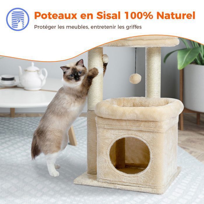 PAWZ Road Small Cat Tree 60 cm, Play Tower with 2 Sturdy Scratching Posts, 1 Spacious Condo & 1 Large Perch, Beige