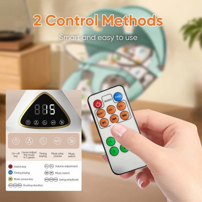 Transat Bebe, Balancelle Bebe Electrique 0 à 15 kg avec Berceuse 5 Vitesses de Balancement Assiette de Diner Bluetooth Télécommande