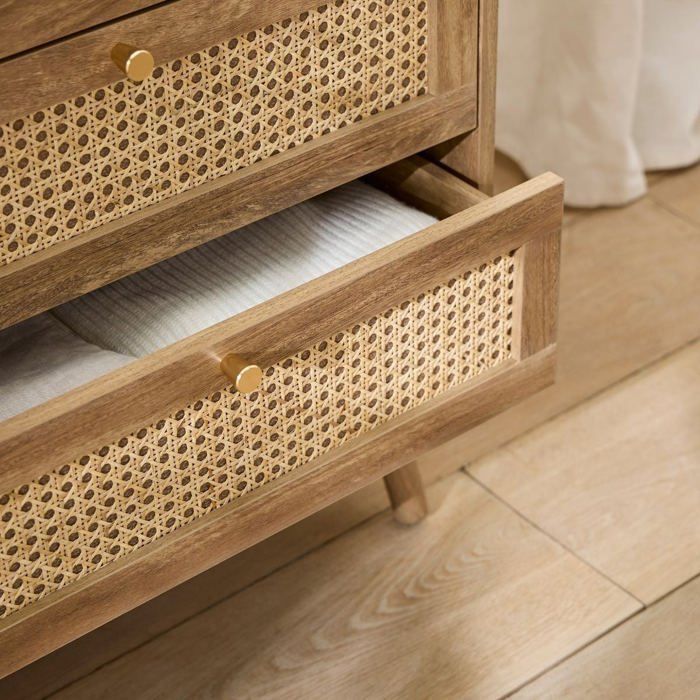 CALICOSY - Cómoda de 6 cajones con frentes de ratán natural, 120 cm de ancho, PALMO - Madera clara
