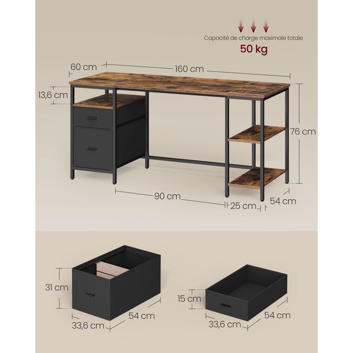 Scrivania per computer con vani portaoggetti, 3 ripiani, 2 cassetti, 160 x 60 x 76 cm, per ufficio e soggiorno, marrone rustico e nero opaco.