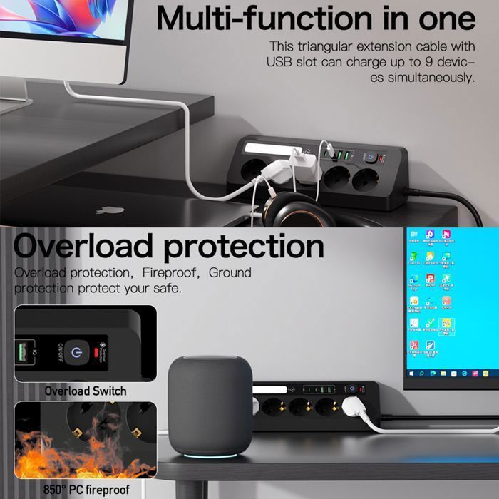 Multiprise Universelle, LED Multiprise Parafoudre, avec 5 Prises, 2 USB-C, 2 USB-A, Câble 1.8M, interrupteur, 2500W, Noir