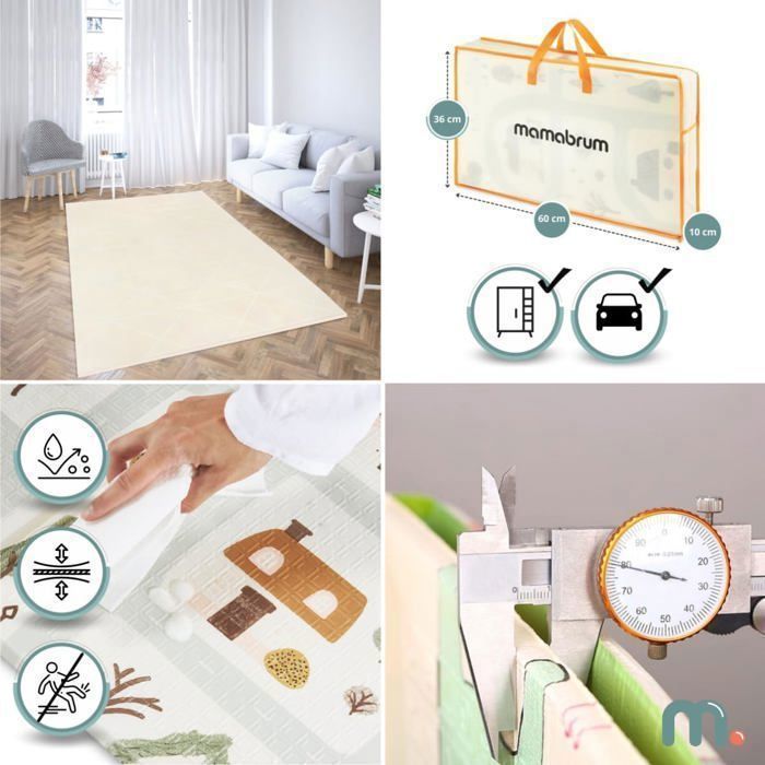 Tapis d'eveil évolutif en Mousse éveil Bébé Mamabrum 180*120, Double Faces, Facile à Nettoyer, Imperméable, Pliable Sac Rangement