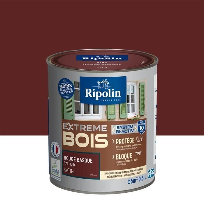 RIPOLIN Peinture Bois Satin Haute Protection 10 ans qui Protège et Magnifie vos Bois - Rouge basque