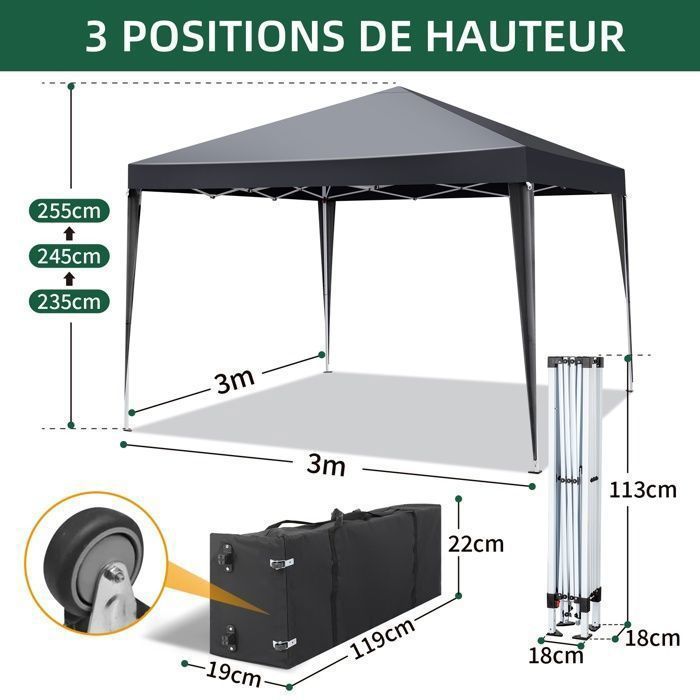 Cenador de jardín, carpa de recepción, carpa para eventos - 3x3m, con 4 bolsas de lastre, carpa plegable, carpa de jardín