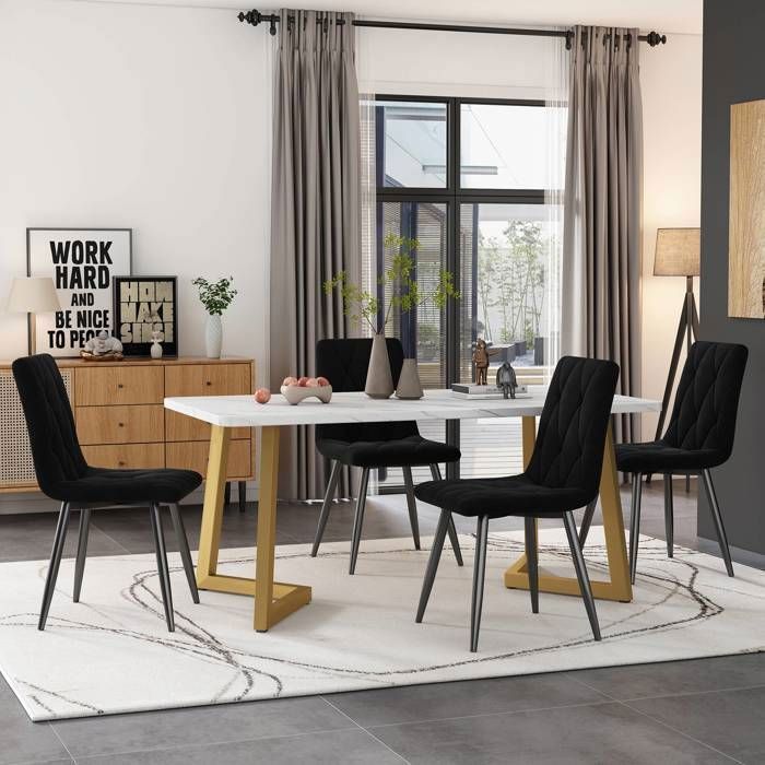 Juego de mesa de comedor de 117 × 68 cm con 4 sillas - Juego moderno de mesa y sillas para cocina/sala de estar - Sillas de terciopelo, negras