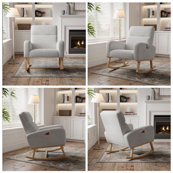 Fauteuil à Bascule - LUMINARIX - Rocking Chair - Pieds en Bois Massif - Style Scandinave - Gris Clair