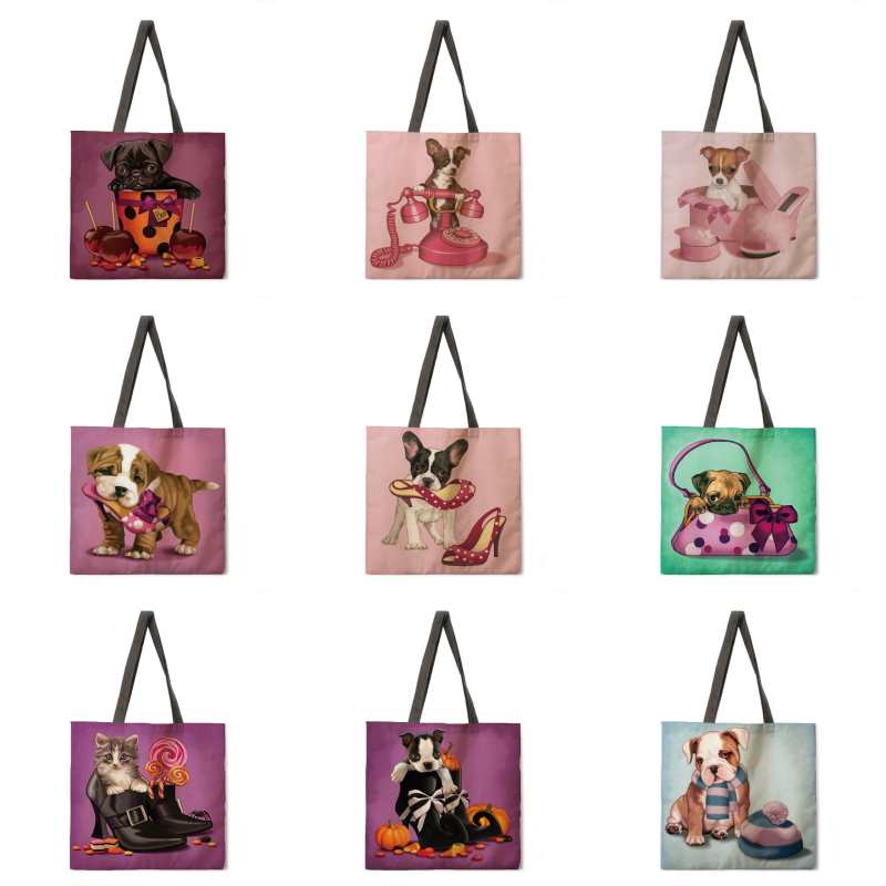 Borsa in tessuto di lino resistente con stampa di cuccioli dei cartoni animati, ideale per l'uso quotidiano, pieghevole, riutilizzabile, per la spesa, da spiaggia e a tracolla da donna.