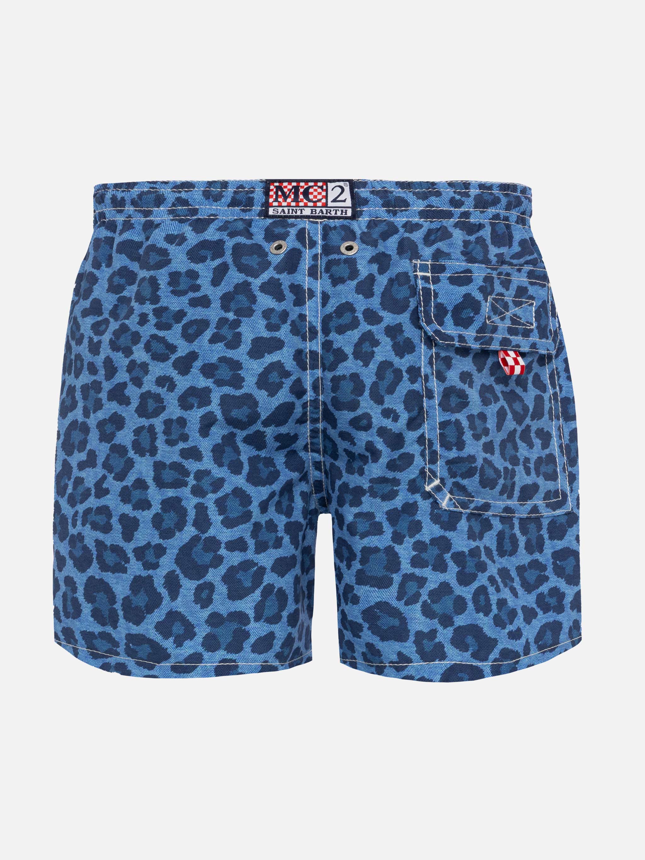 Traje de baño vaquero de largo medio con estampado animal.