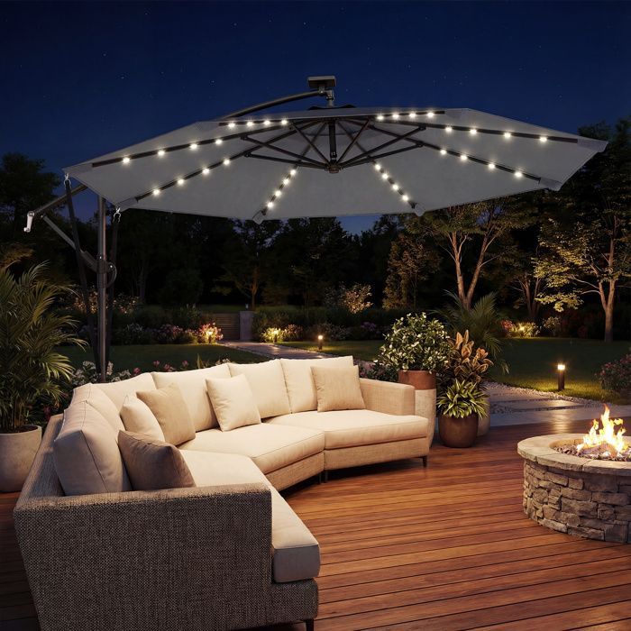 Zweefparasol - tuinparasol - 32 LED-lampjes met draaihendel, UV 50+ bescherming en beschermhoes - aluminium - Ø 295 cm - grijs
