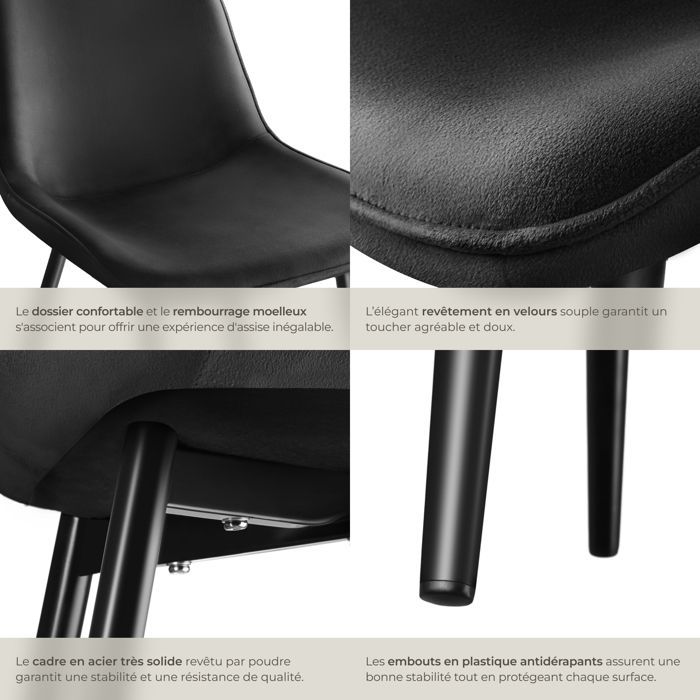 Chaises - TECTAKE - Lot de 8 fauteuils MONROE rembourrés aspect velours assise ergonomique et pieds en acier noir - Noir