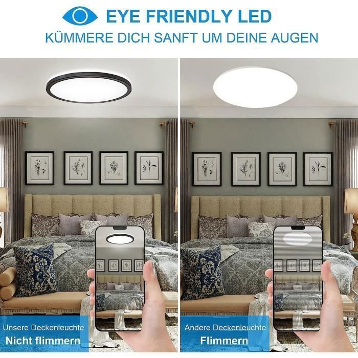 DORLINK Plafonnier LED IP50 Rond Noir 30x30cm – Luminaire Moderne Imperméable pour Salle de Bain, Chambre, Cuisine, Salon