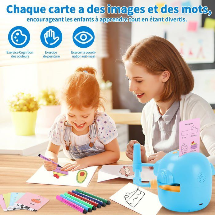 Robot Dessin Enfant - BLEOSAN - 100 Cartes (Animaux, véhicules, plantes) - Rechargeable - Stylo inclus - 3+ ans