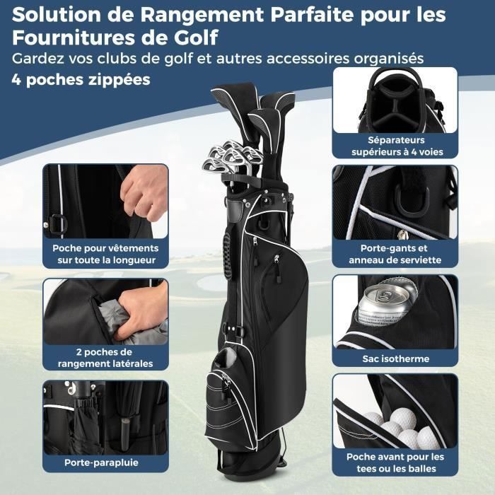 Bolsa de golf portátil con trípode COSTWAY - Sistema de 4 compartimentos - 4 bolsillos con cremallera - Bolsa isotérmica - Correa doble para el hombro - Funda impermeable - Negra