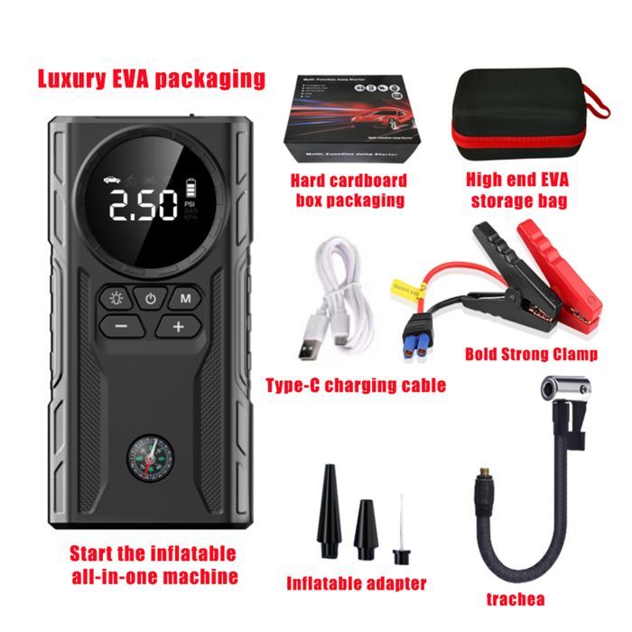 Arrancador de batería para coche, arrancador de 1800 A, arrancador de coche de 12 V, con puerto de carga USB, luz LED, pantalla panorámica HD.