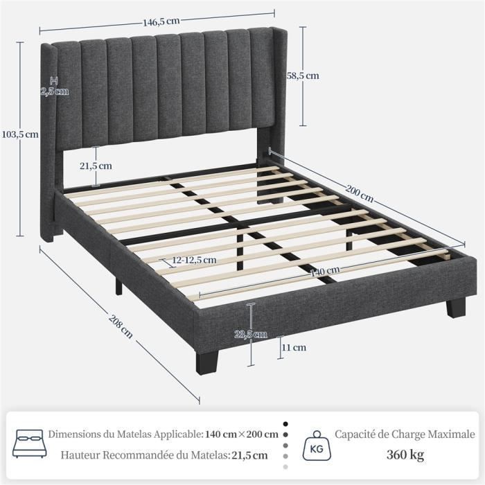 Cama doble tapizada Yaheetech de 140x200 cm con somier de láminas para 2 adultos, gris oscuro.