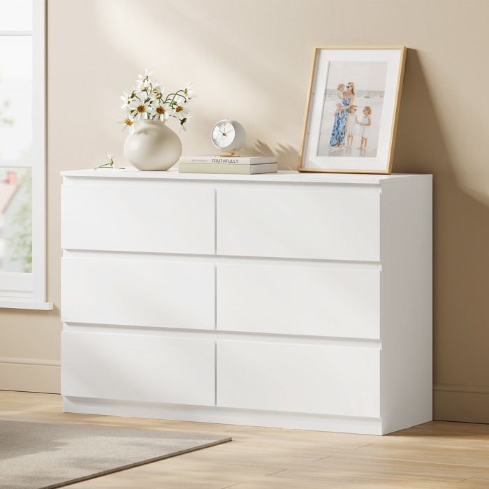 Commode 6 Tiroirs - 100x36x69cm - WOLTU Meuble de Rangement Moderne Blanc - Assemblage Facile