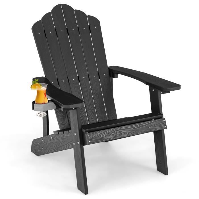 Silla de jardín Adirondack COSTWAY de madera maciza HIPS impermeable con portavasos, capacidad de carga de 170 kg para patio o piscina, color negro.