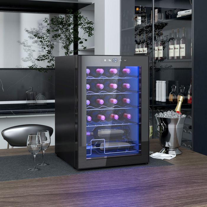Adega climatizada HOMCOM - 20 garrafas, 53L, alto desempenho, temperatura ajustável de 5 a 18°C, iluminação LED - preta