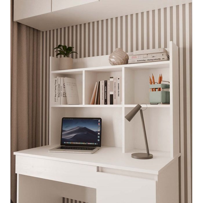 Bureau 4 tiroirs avec surélévation 4 étagères blanc 146x51x98 cm