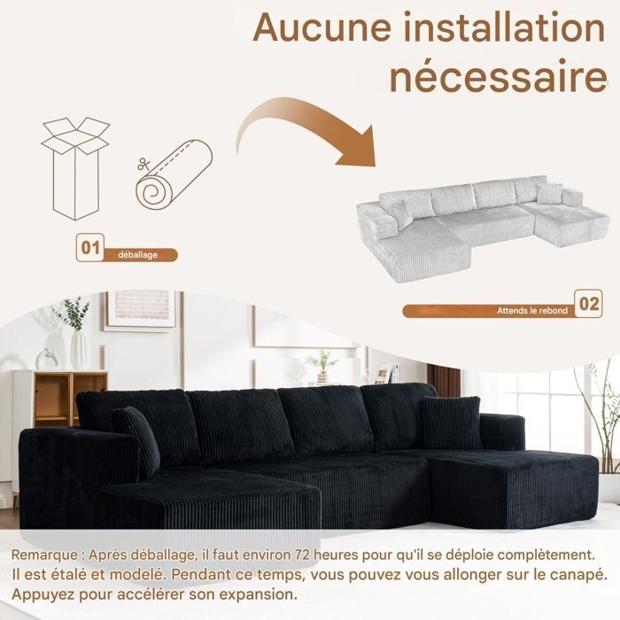 Panoramic U-shaped corner sofa, 4-seater, modular sofa, armrests, corduroy upholstery, spring and high-resilience foam cover, black