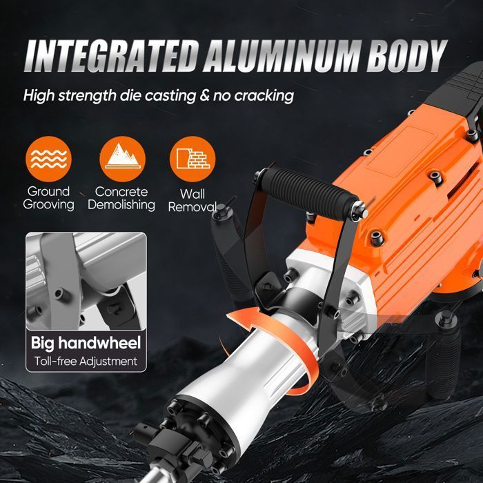 Martello demolitore da 2200 W e 65 J, 1900 giri/minuto, 2 teste a scalpello, impugnatura antivibrazione, per la demolizione del calcestruzzo e lavori di costruzione.