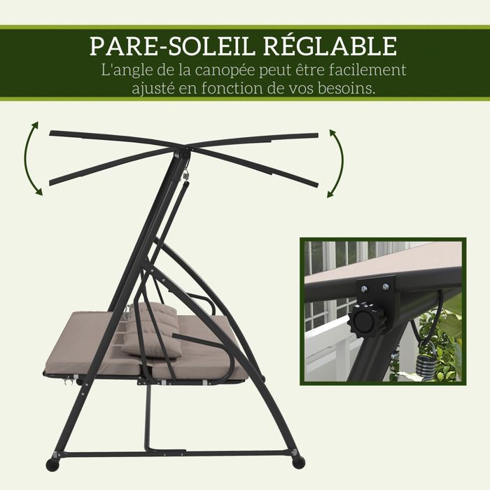 Balancelle de jardin - Outsunny - 3 places - convertible - toit inclinaison réglable, coussin - 218 x 120 x 168 cm - marron clair