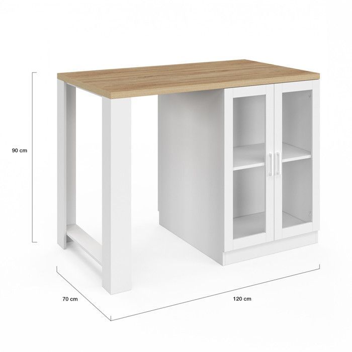 Isla central IDMARKET LINO de 120 cm para 2 personas, madera blanca con encimera efecto haya y puertas de cristal.