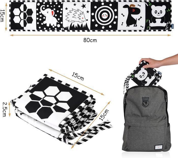 Libro de actividades para bebés de tela de doble cara, libro plegable reutilizable en blanco y negro para el desarrollo cerebral del bebé.