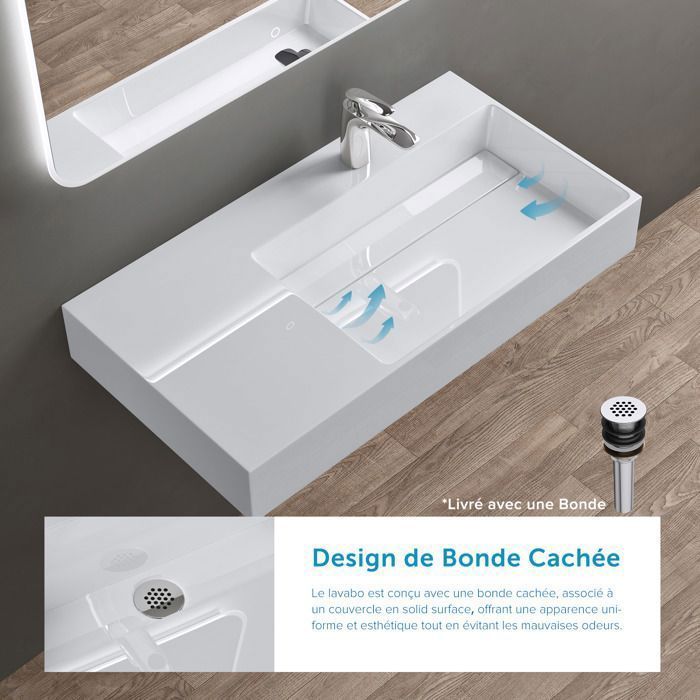 Lavabo mural blanco doporro de 75 cm, lavabo de encimera con desagüe, lavabo rectangular de 75 x 43 x 14 cm Colossum12-R