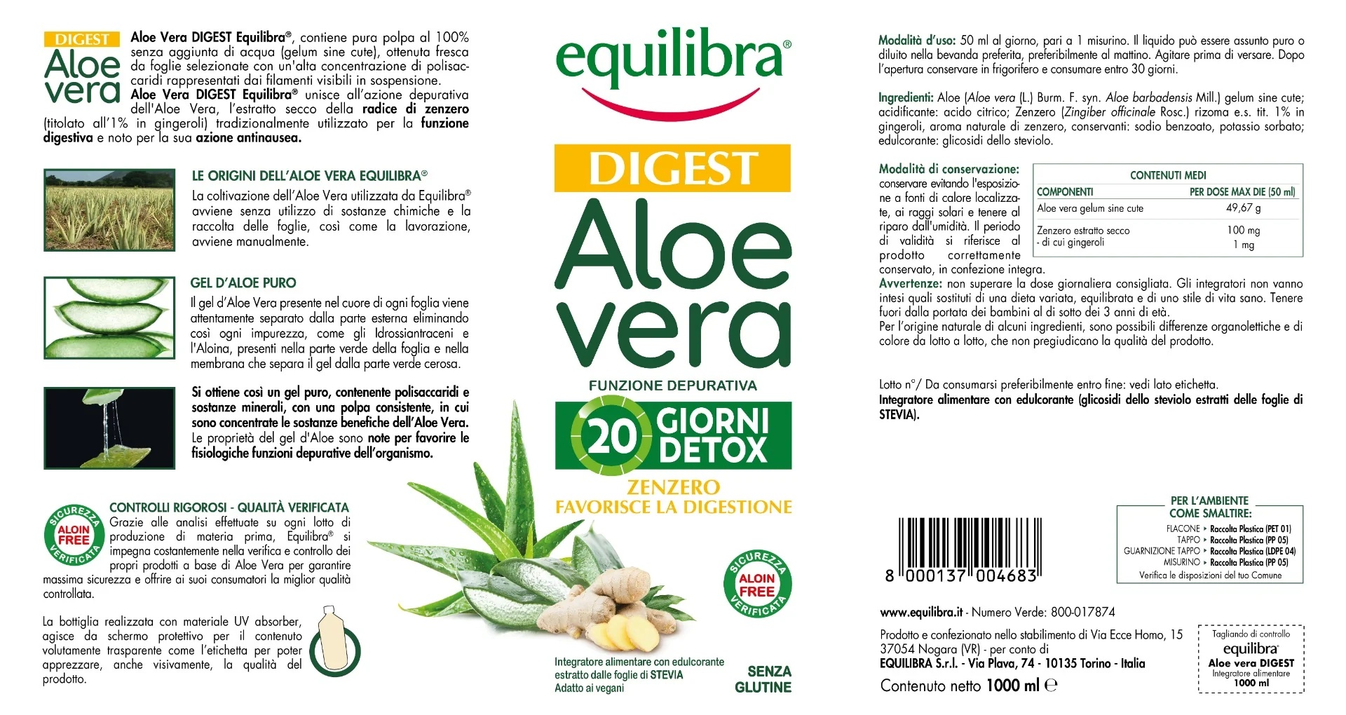 EQUILIBRA Equilibra Aloë Vera Digest Gember 1l Dermatologisch getest