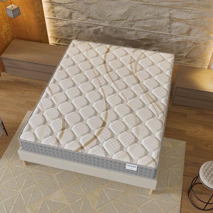 Matras en bedbodemset (140x200cm) - Essem pocketveren & 25cm dik schuim met hoge dichtheid + Stabiele houten bedbodem, witte stof