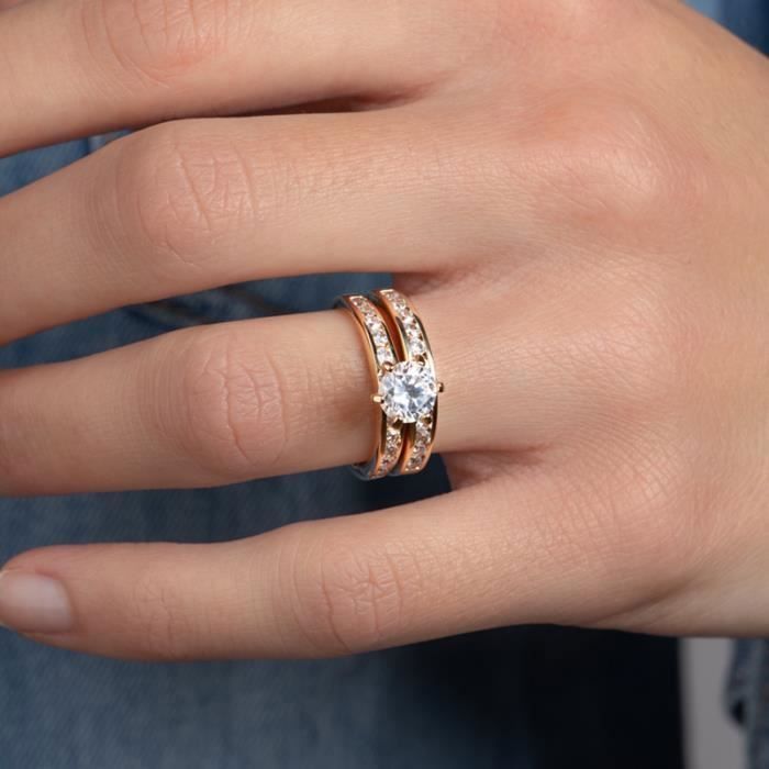 Bague double Anneaux Solitaire ZIRCONIUM Plaqué or 18 CARATS 5 Microns