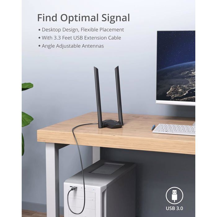 Kraftig USB WiFi 6-adapter, AX1800 Mbps langtrekkende WiFi USB-adapter med høy forsterkning, dobbeltbånds WiFi-dongle, 5 GHz 1201 Mbps