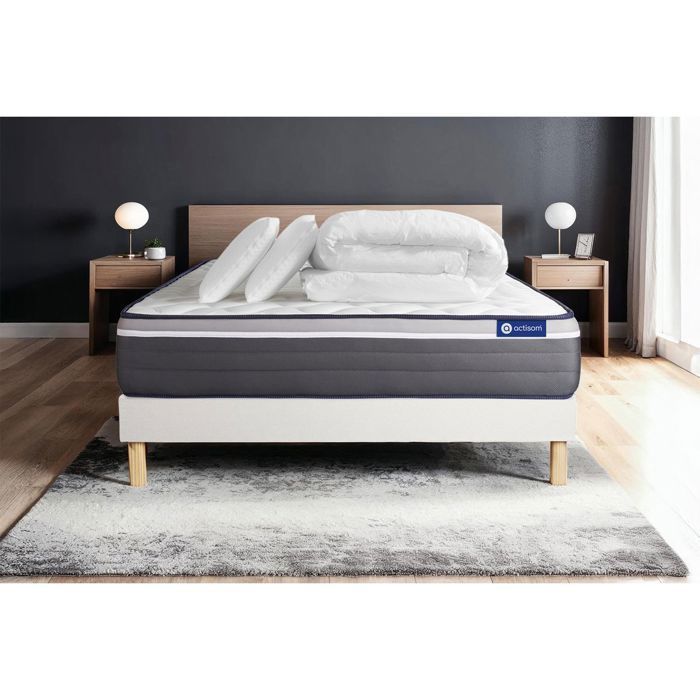 Juego de cama completo de 180x200 cm - Colchón + Base de cama blanca (requiere montaje) + 2 almohadas + Edredón - Actiflex Pl