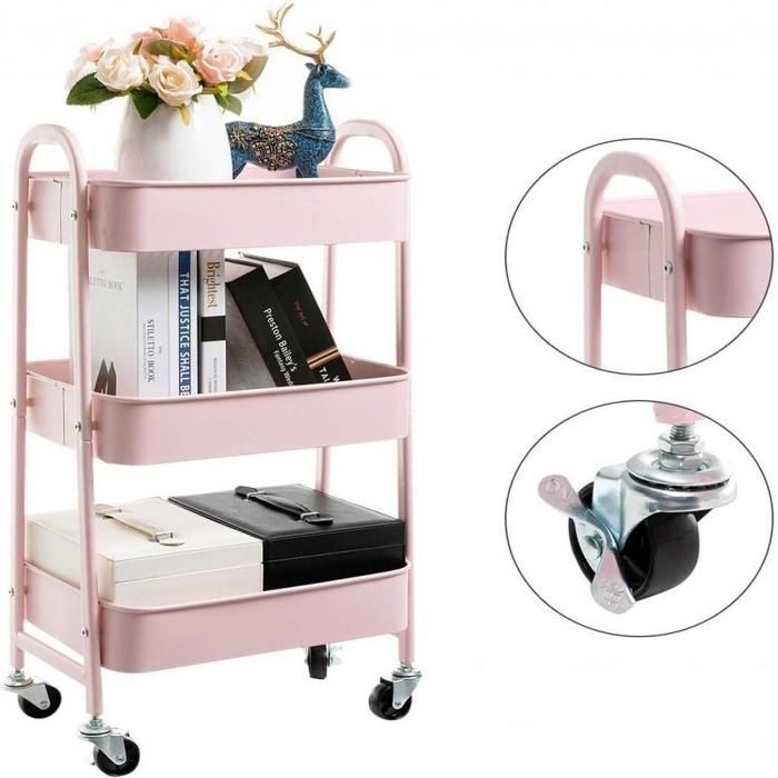 Carrito de cocina QUIIENCLEE con ruedas, giro de 360 grados, 3 niveles, carrito de almacenamiento, acero al carbono, rosa.