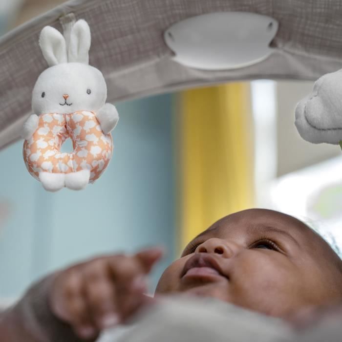 INGENUITY Baby Comfort Bouncer Little Rabbit, met verlichte activiteitenboog, afneembaar verkleinkussen, babycadeau