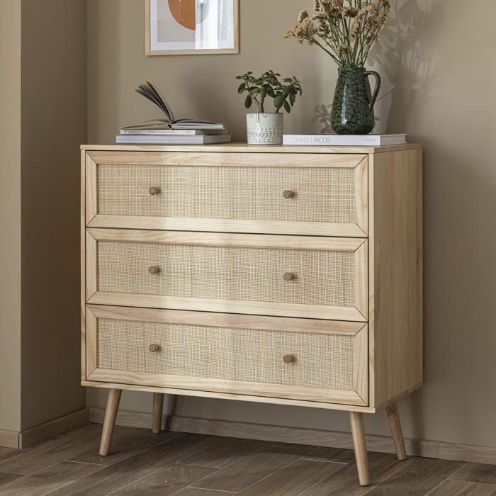 Chambre complète lit cannage enfant avec commode et chevet bois naturel ANNA 90x190 - Bois naturel - Terre de Nuit